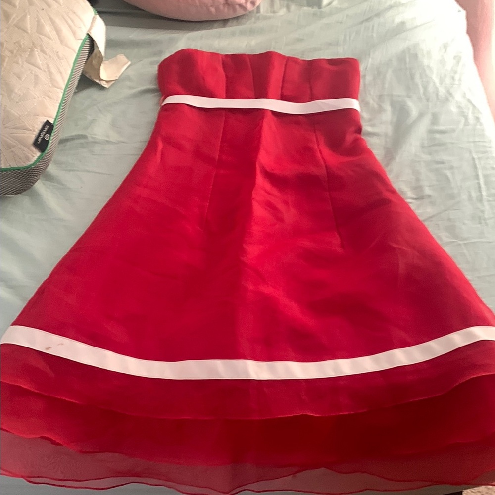 Chic Red Strapless Dress with White Accents